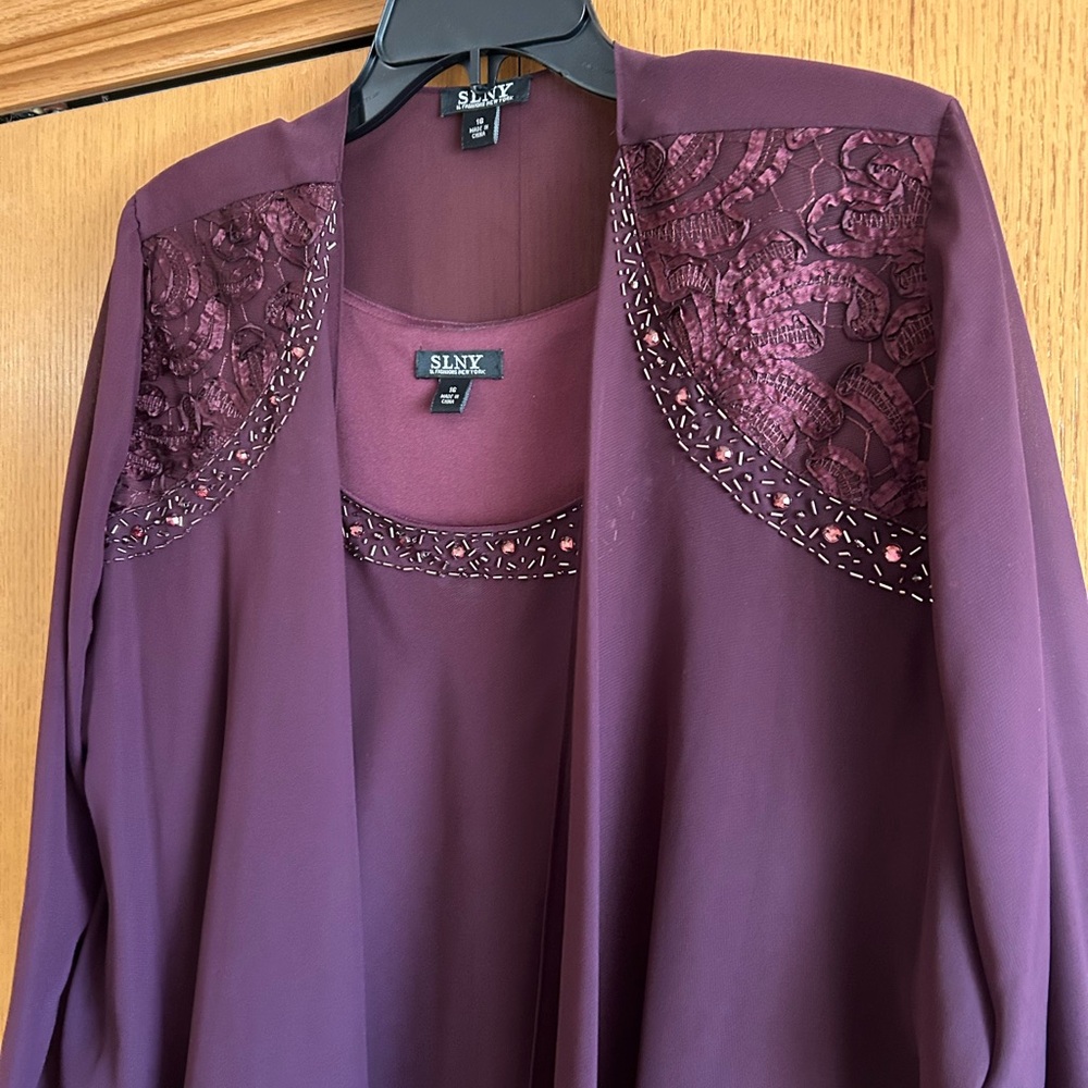 2 Piece Maroon Lace & Beaded Tiered Cocktail Dress with Jacket